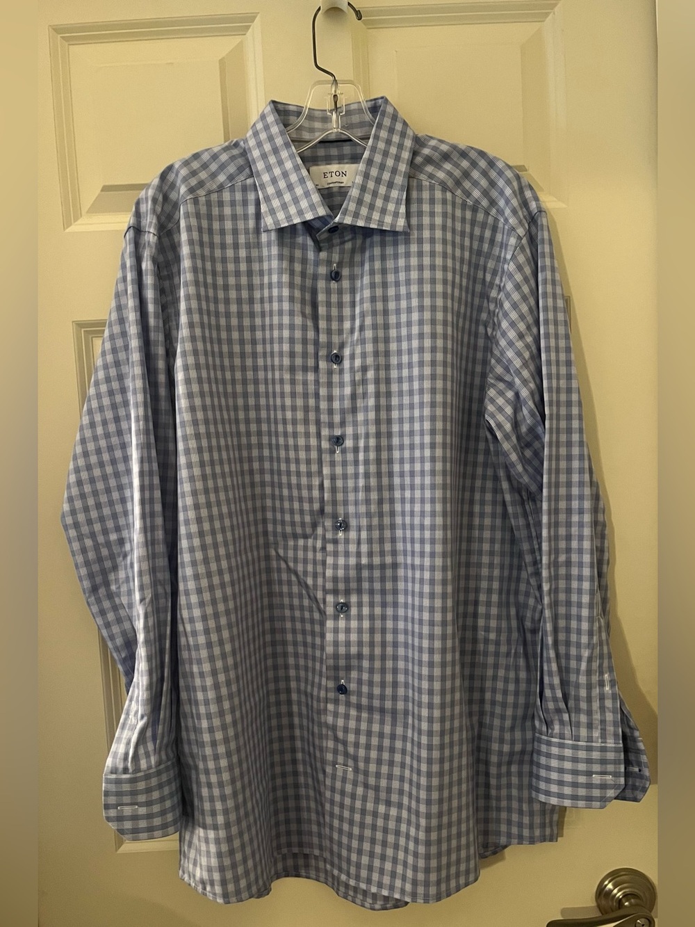 Men’s Eton Luxury Dress Shirt 44 17.5
Contemporary Fit Blue Gingham Check LS